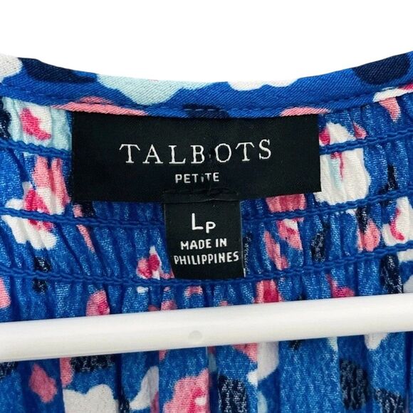 Talbots Womens Dress PL Blue Pink Floral Midi V-Neck Smocked Cottagecore Pockets - Picture 3 of 10